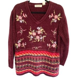 Vintage Chenille Floral Embroidered Coastal Grandmother Sweater